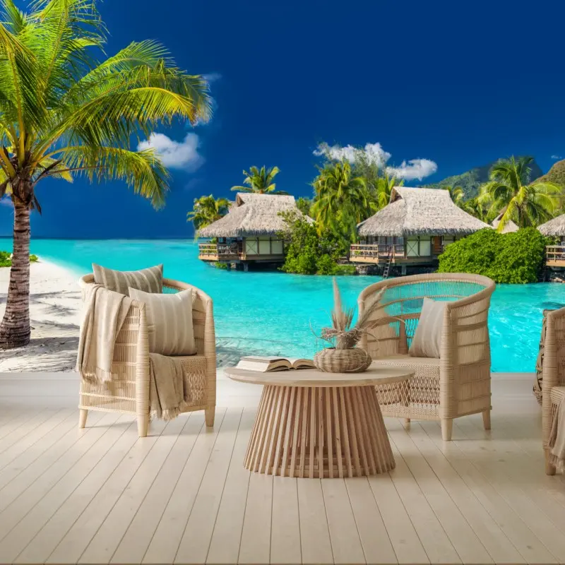 Fototapete tropische bungalows über dem wasser am türkisblauen meer