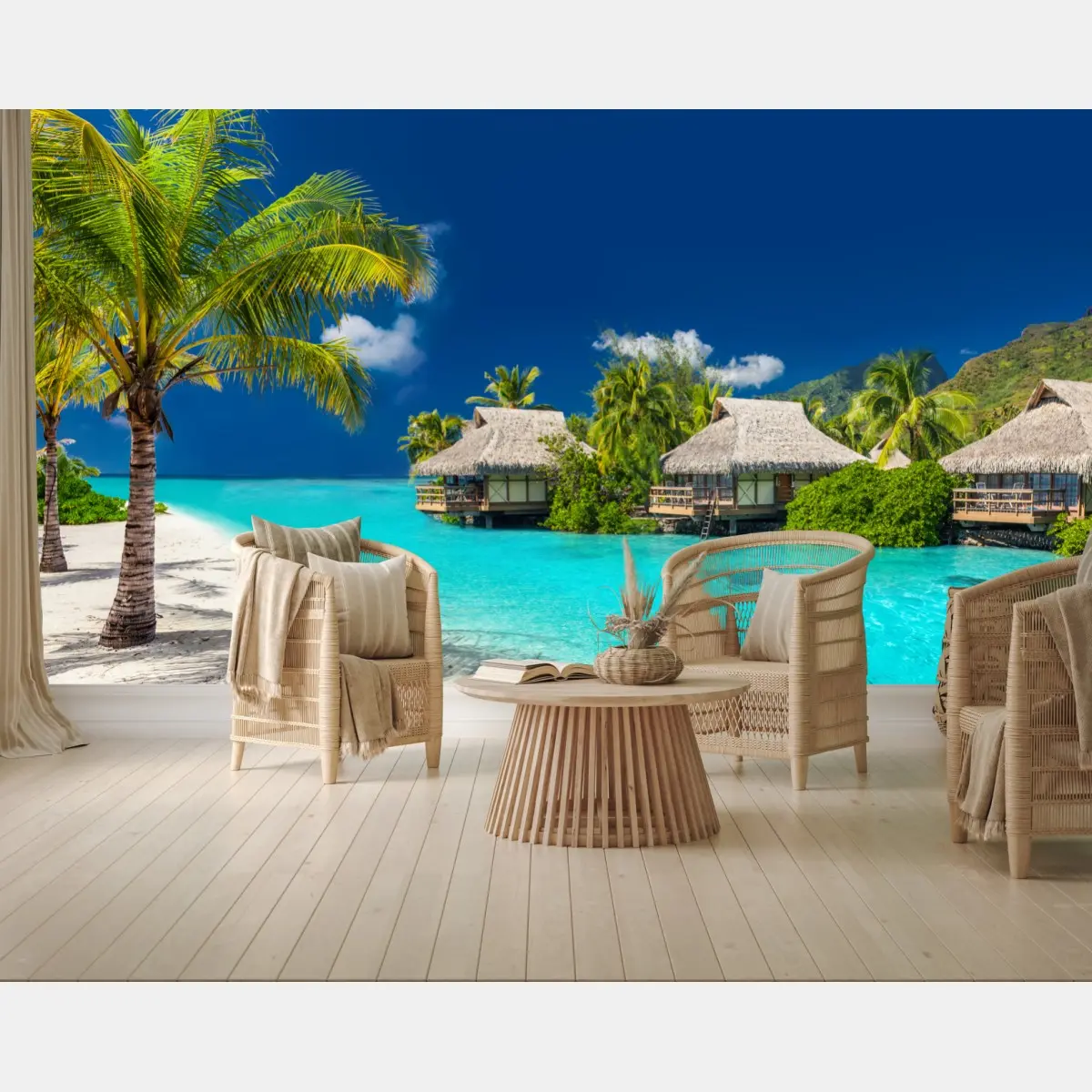 Fototapete tropische bungalows über dem wasser am türkisblauen meer – Pixers®