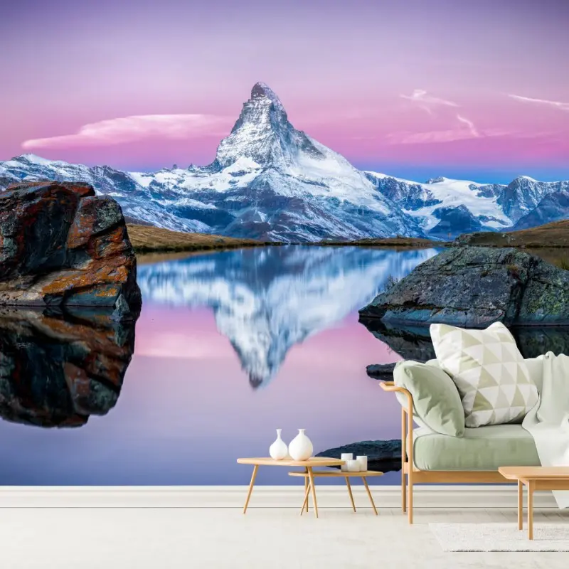 Fototapete majestätischer alpenberg gespiegelt im ruhigen see