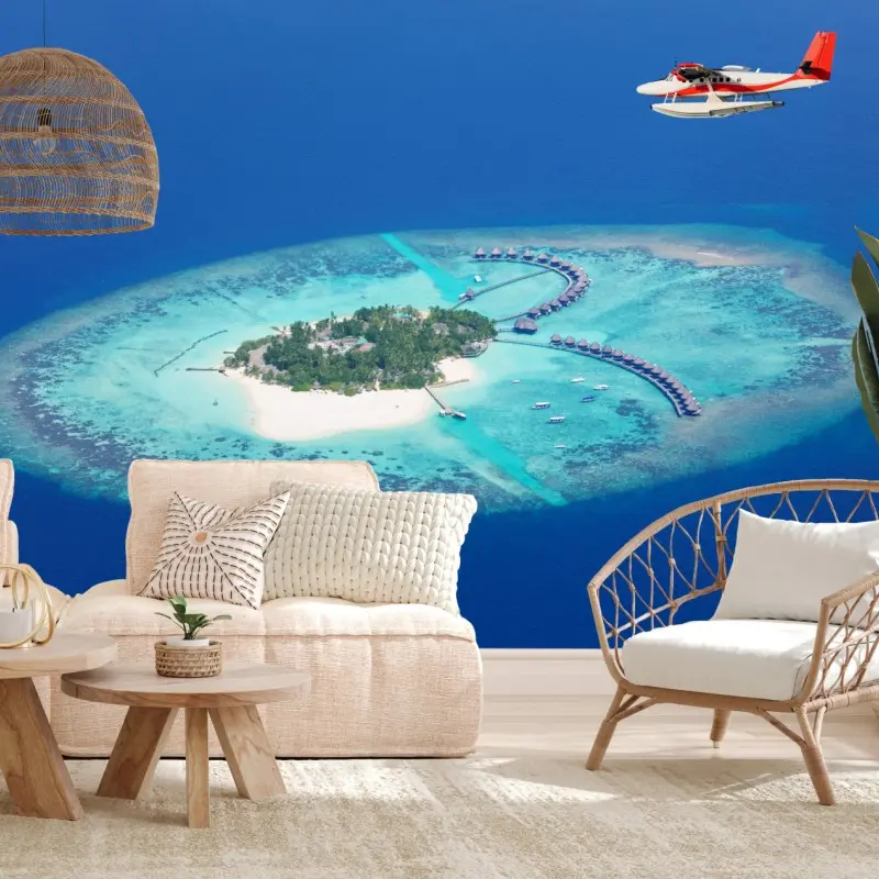 Fototapete tropische insel aus der luft mit wasserflugzeug