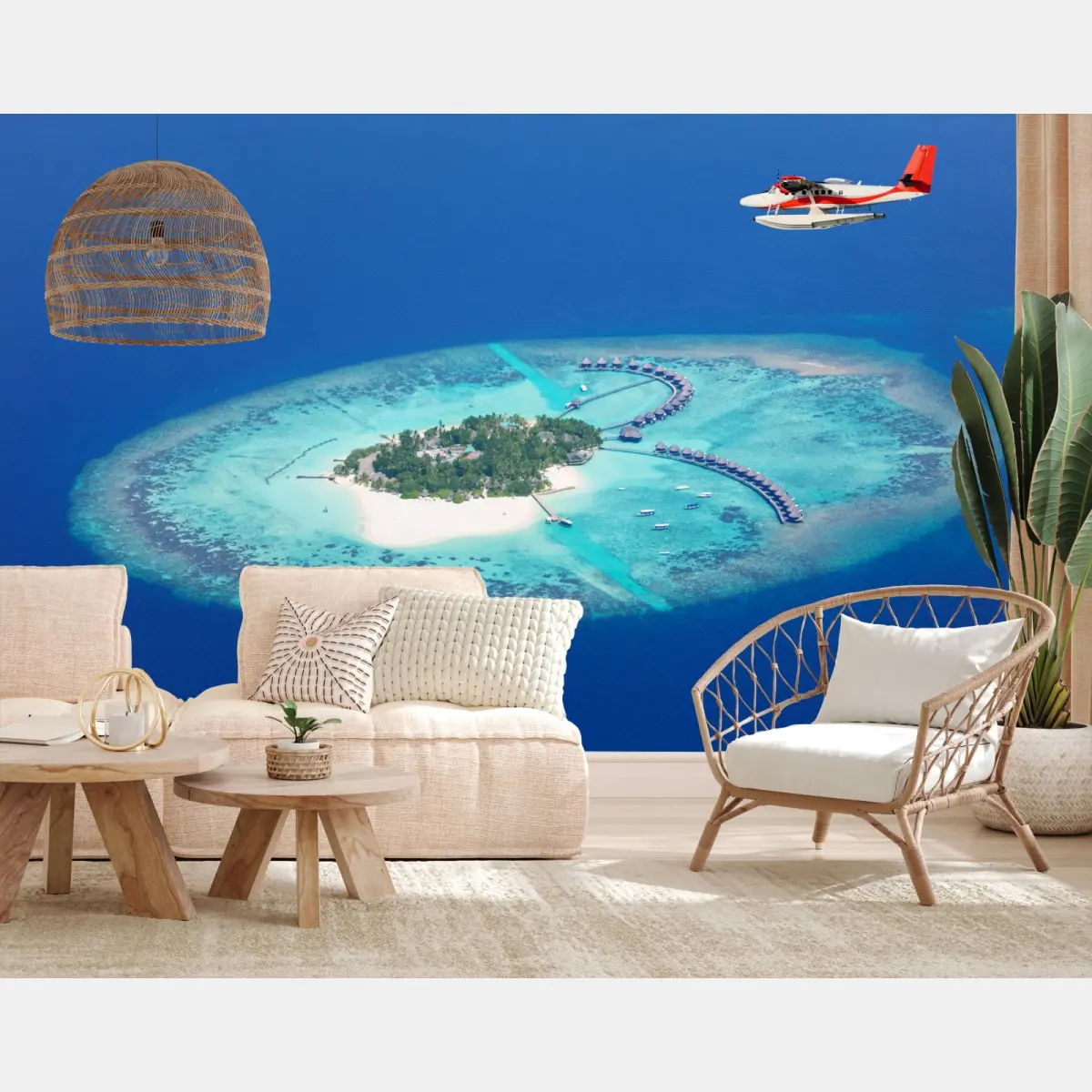 Fototapete tropische insel aus der luft mit wasserflugzeug – Pixers®