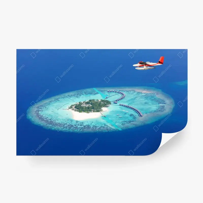Fototapete tropische insel aus der luft mit wasserflugzeug