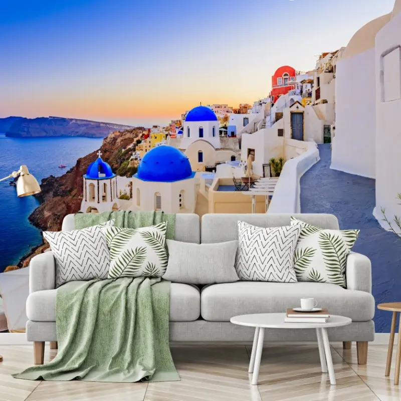 Fototapete Santorini sonnenuntergang über blauen kuppeln