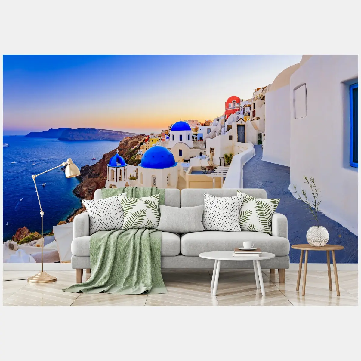 Fototapete Santorini sonnenuntergang über blauen kuppeln – Pixers®