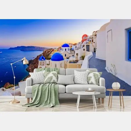 Fototapete Santorini sonnenuntergang über blauen kuppeln – Pixers®