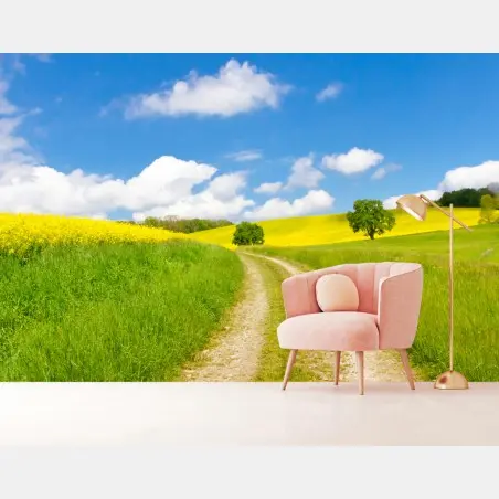 Fototapete sonniger landeweg durch gelbe felder – Pixers®
