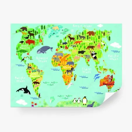 Fototapete bunte weltkarte mit tieren – Pixers®