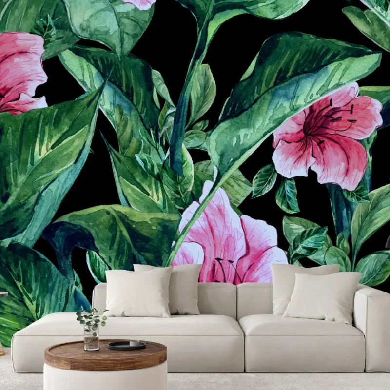 Fototapete rosa aquarellblumen auf schwarzem hintergrund