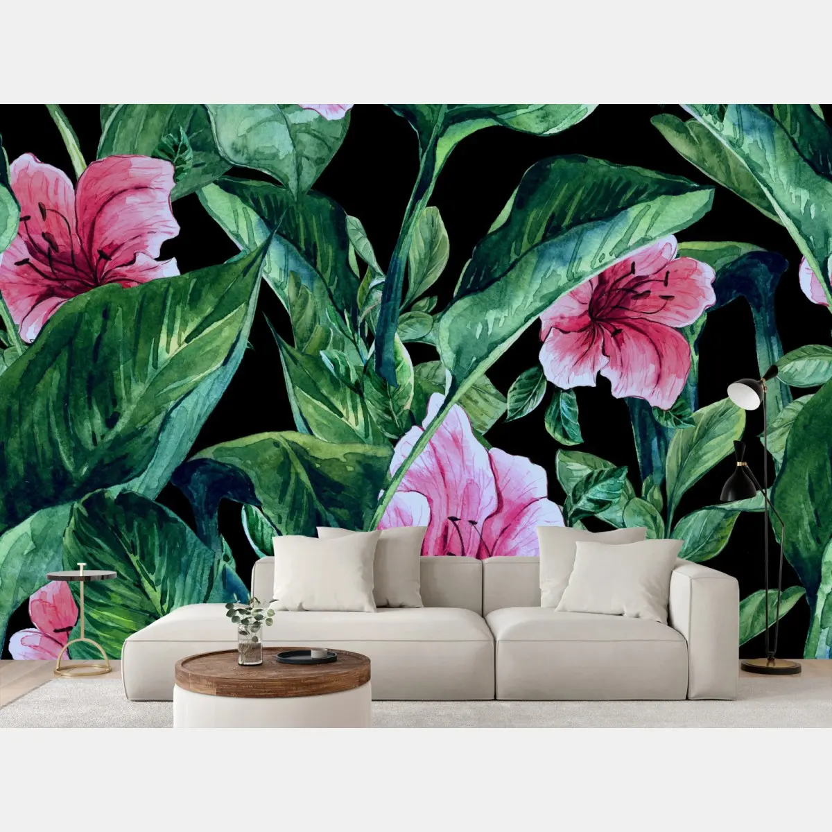 Fototapete rosa aquarellblumen auf schwarzem hintergrund – Pixers®