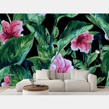 Fototapete rosa aquarellblumen auf schwarzem hintergrund – Pixers®