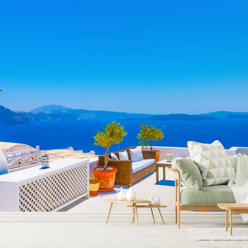 Fototapete terrasse in Oia mit meerblick, Santorini