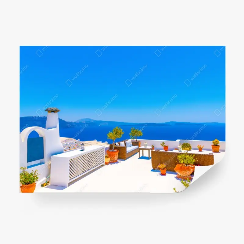 Fototapete terrasse in Oia mit meerblick, Santorini