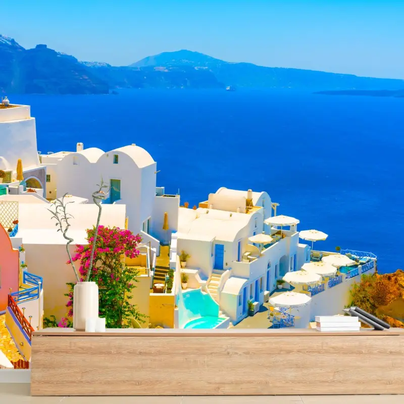 Fototapete sonniger blick auf Santorini mit weißen häusern und blauem meer