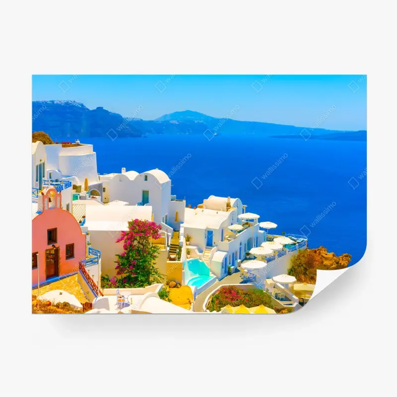 Fototapete sonniger blick auf Santorini mit weißen häusern und blauem meer