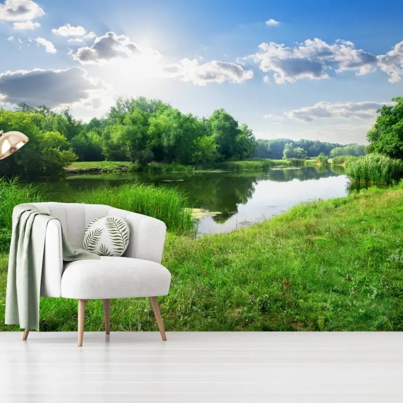 Fototapete sonnige wiese am fluss
