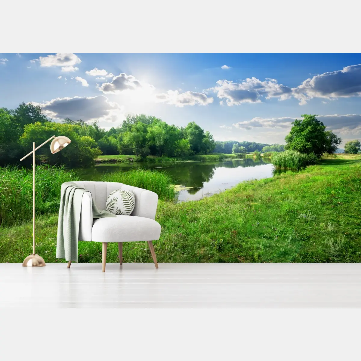 Fototapete sonnige wiese am fluss – Pixers®