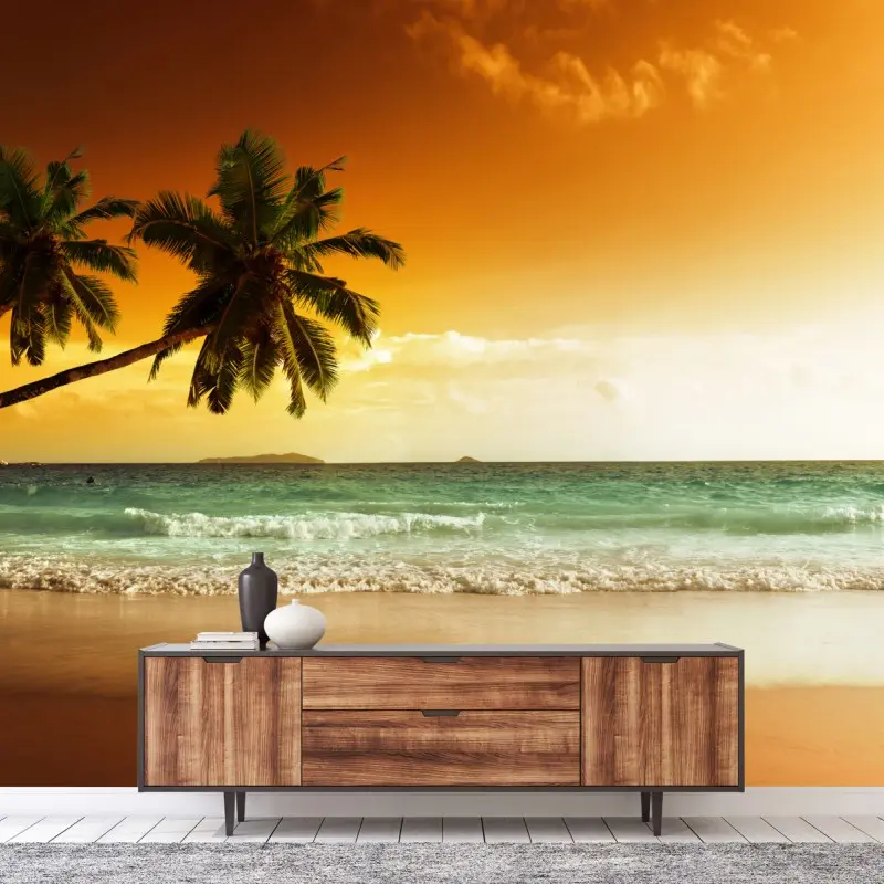 Fototapete karibischer sonnenuntergang am strand mit palmen