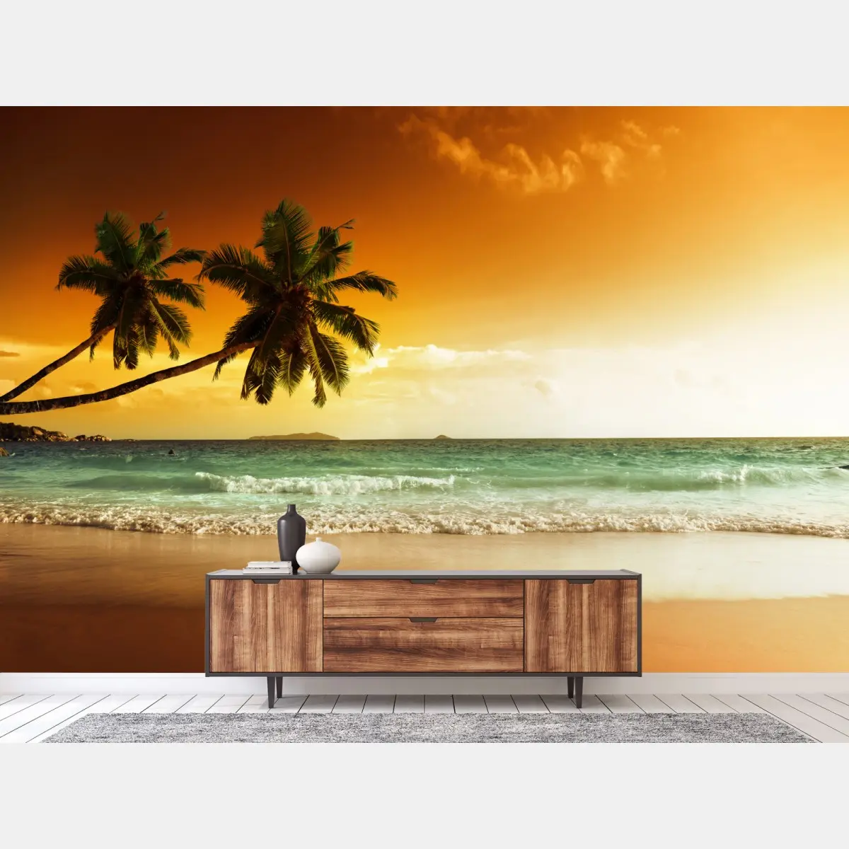 Fototapete karibischer sonnenuntergang am strand mit palmen – Pixers®