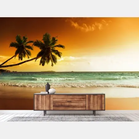 Fototapete karibischer sonnenuntergang am strand mit palmen – Pixers®