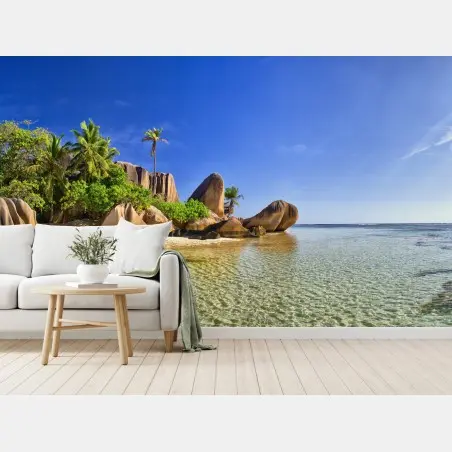 Fototapete tropischer strand mit granitfelsen und klarem wasser – Pixers®
