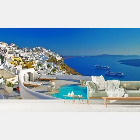 Fototapete Santorini meerblick mit pool – Pixers®
