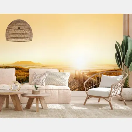 Fototapete goldenes sonnenuntergangspanorama am strand mit Tafelberg – Pixers®
