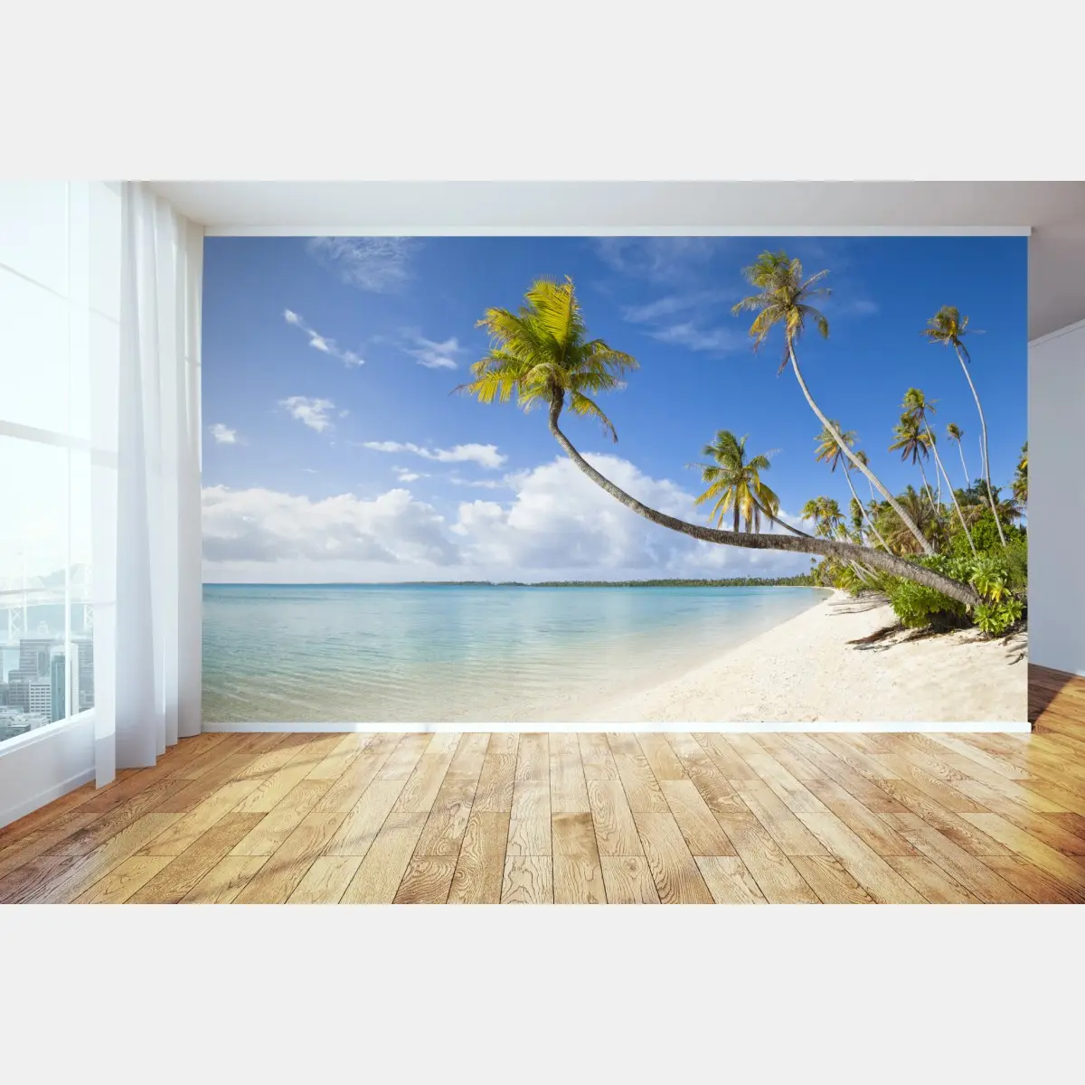 Fototapete tropischer türkisblauer strand mit geneigter palme – Pixers®