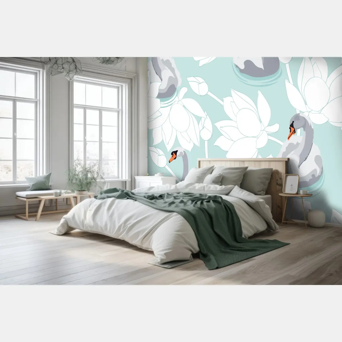 Fototapete sanfte schwäne und lotusblumen – Pixers®