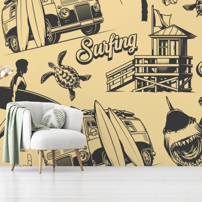 Fototapete retro surfing muster mit campingbus und wellen