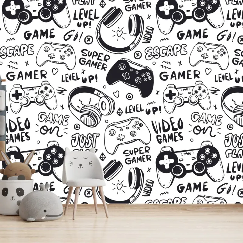 Fototapete doodle-muster mit videospiel-controllern
