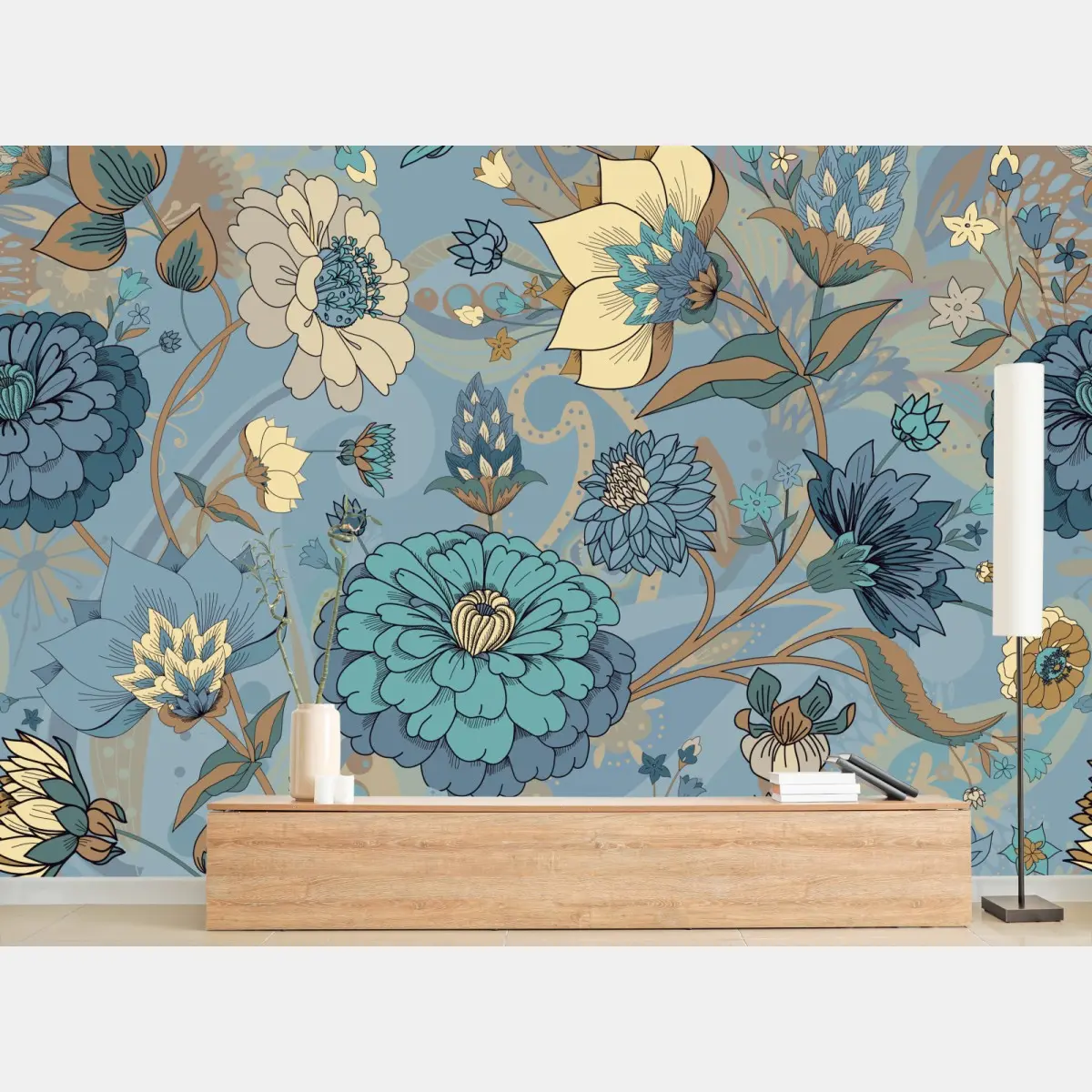 Fototapete vintage-blumenmuster in gedämpften blau- und beigetönen – Pixers®