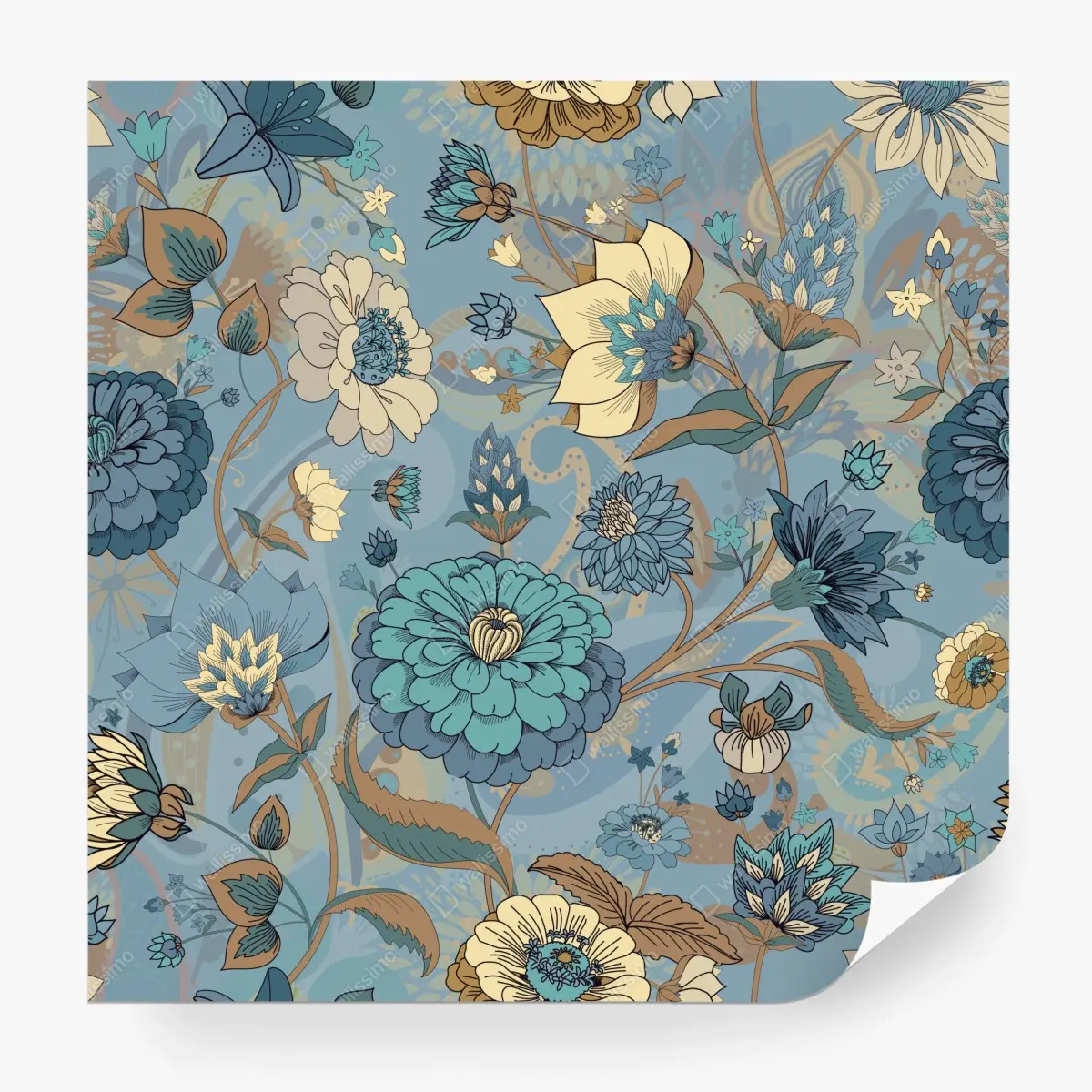 Fototapete vintage-blumenmuster in gedämpften blau- und beigetönen – Pixers®