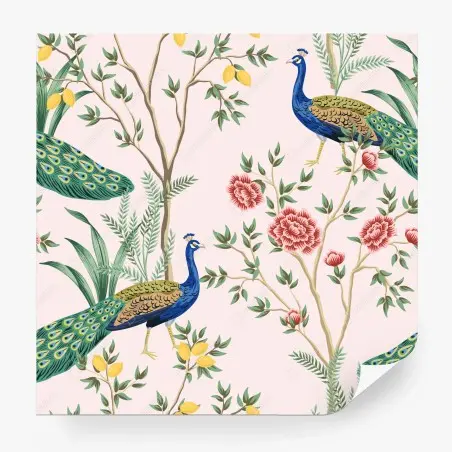 Fototapete elegantes pfau- und blumenmuster auf rosa hintergrund – Pixers®