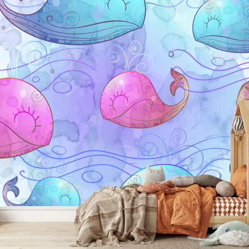 Fototapete aquarellwale im pastellmuster fürs kinderzimmer