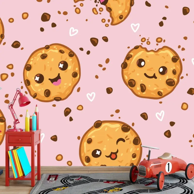 Fototapete niedliches kawaii-keksmuster auf rosa hintergrund