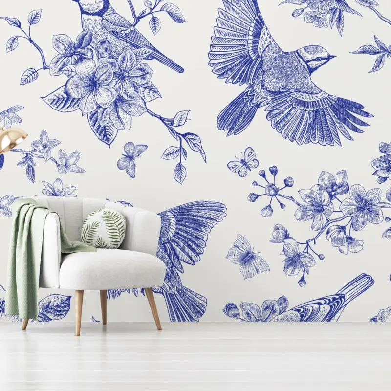 Fototapete blaues muster mit vögeln und blüten im vintage-stil