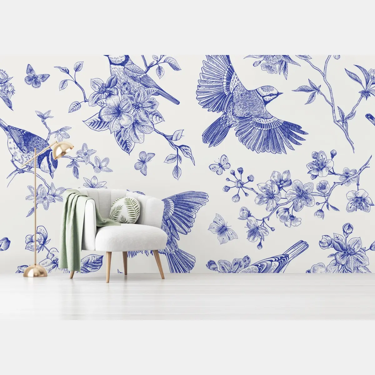Fototapete blaues muster mit vögeln und blüten im vintage-stil – Pixers®