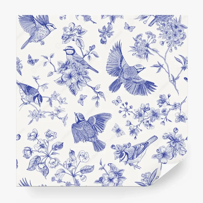 Fototapete blaues muster mit vögeln und blüten im vintage-stil