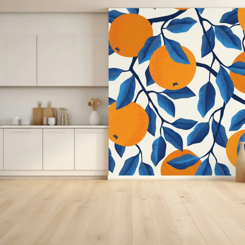 Fototapete kräftiges zitrusmuster in orange und blau