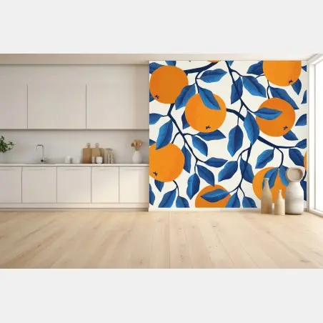 Fototapete kräftiges zitrusmuster in orange und blau – Pixers®
