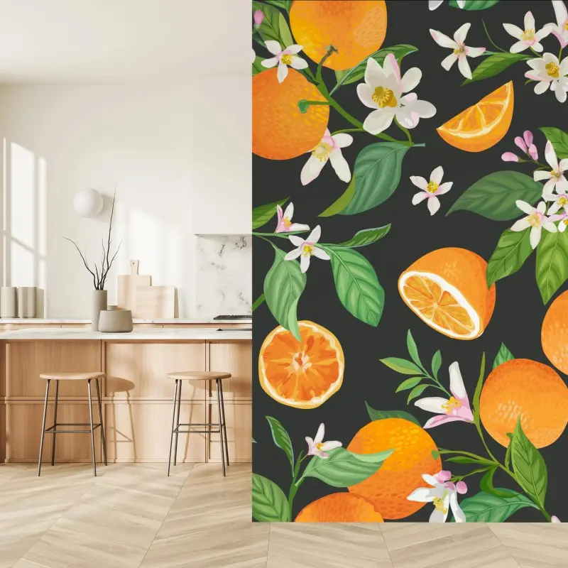 Fototapete orangeblüten- und zitrusmuster auf dunklem hintergrund