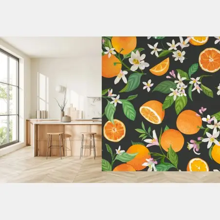 Fototapete orangeblüten- und zitrusmuster auf dunklem hintergrund – Pixers®