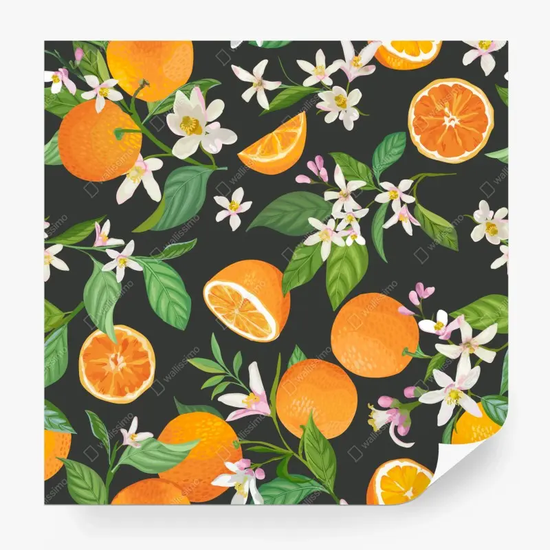 Fototapete orangeblüten- und zitrusmuster auf dunklem hintergrund