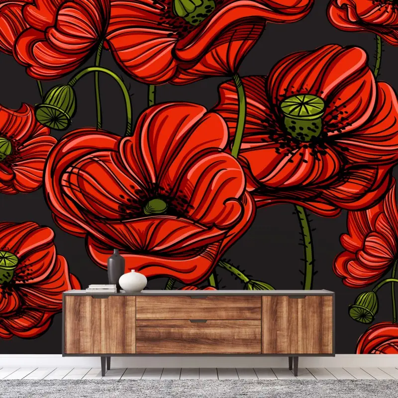 Fototapete kräftige rote mohnblumen illustration