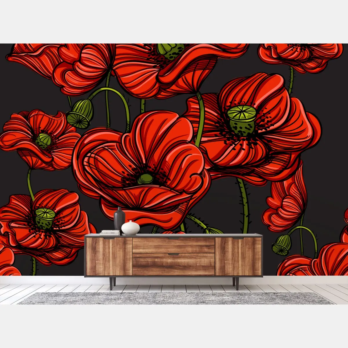 Fototapete kräftige rote mohnblumen illustration – Pixers®