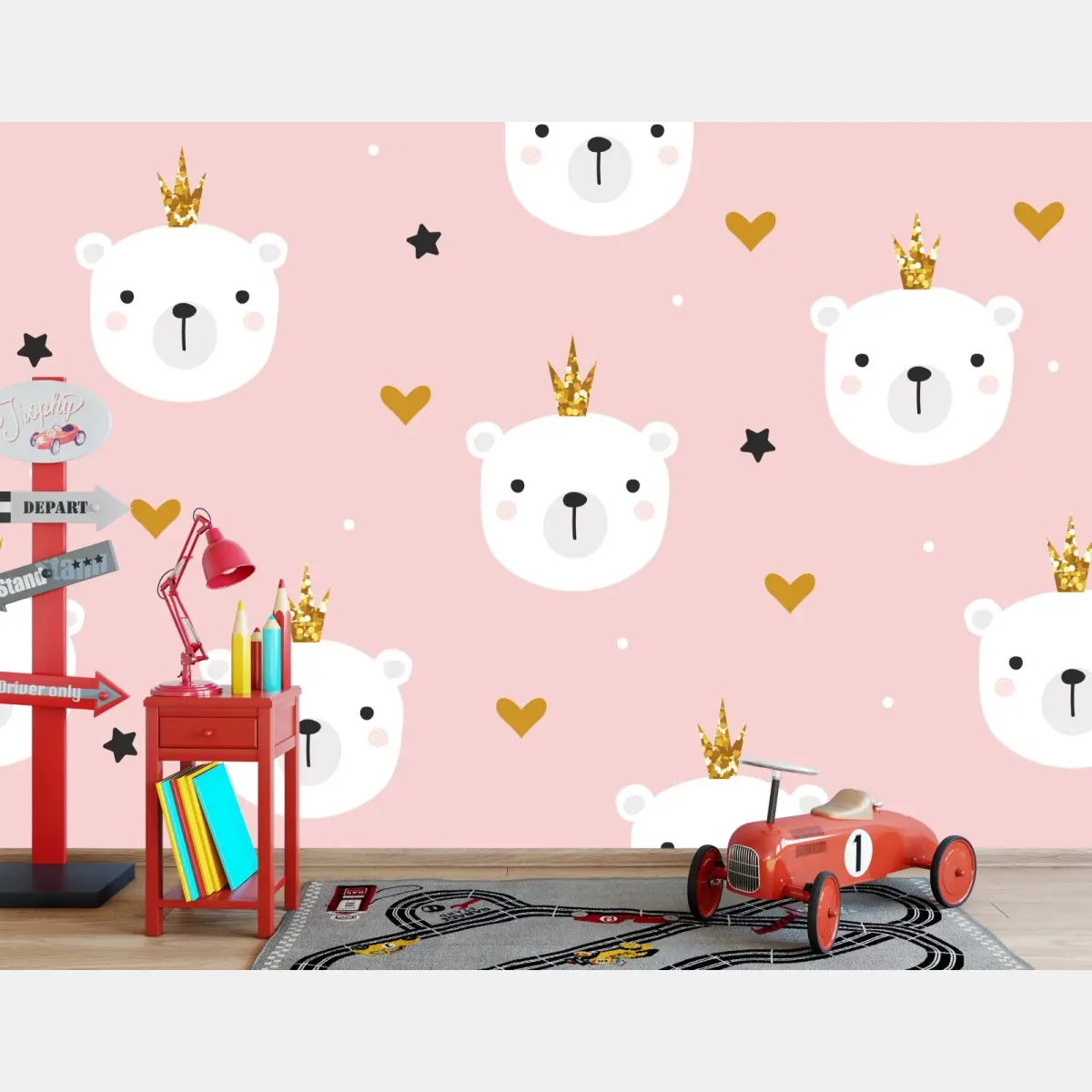 Fototapete süßes polarbär-motiv mit kronen für das kinderzimmer – Pixers®