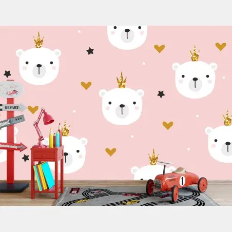 Fototapete süßes polarbär-motiv mit kronen für das kinderzimmer – Pixers®