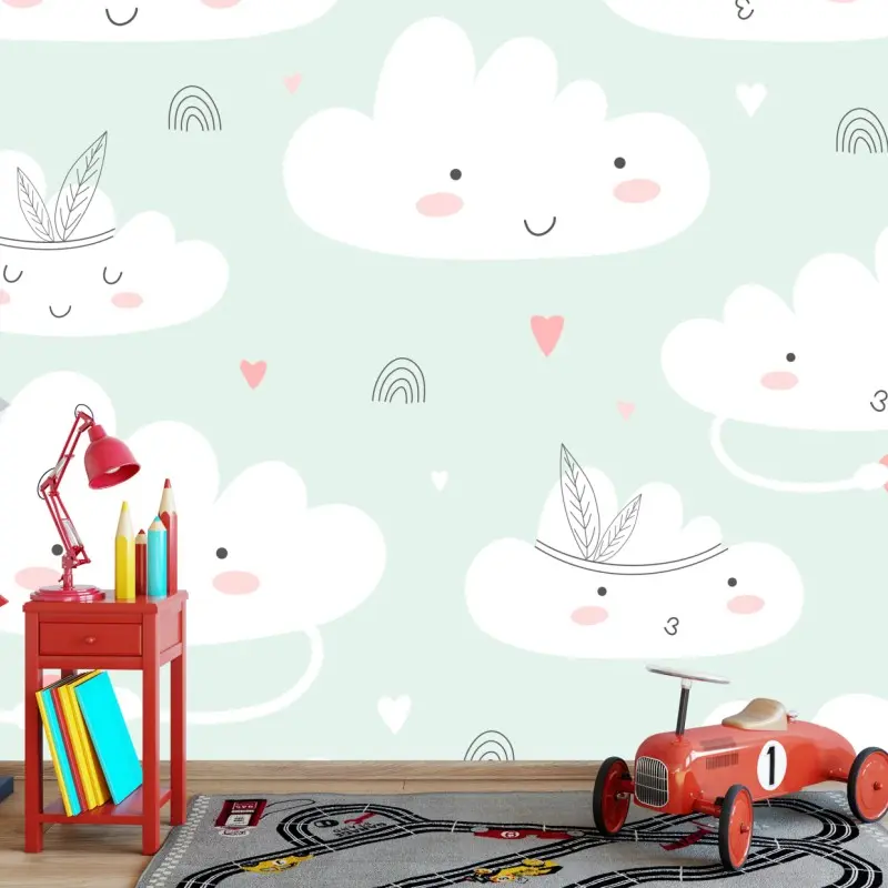Fototapete lächelnde wolken pastellmuster fürs kinderzimmer