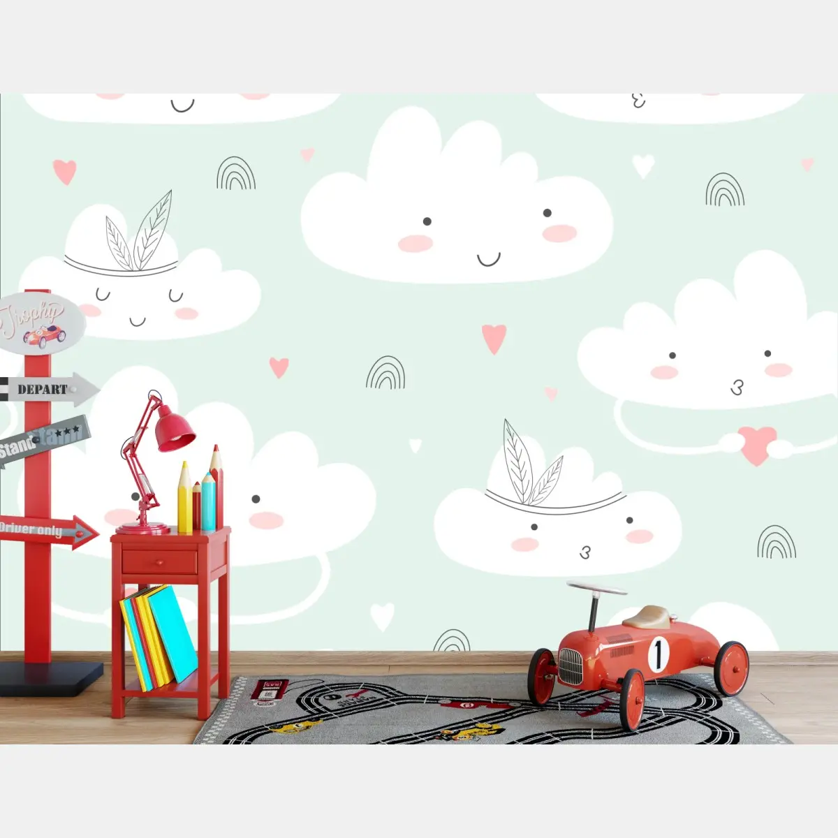 Fototapete lächelnde wolken pastellmuster fürs kinderzimmer – Pixers®