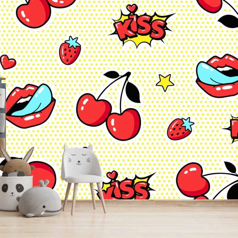 Fototapete verspieltes pop-art kirschen-kuss muster